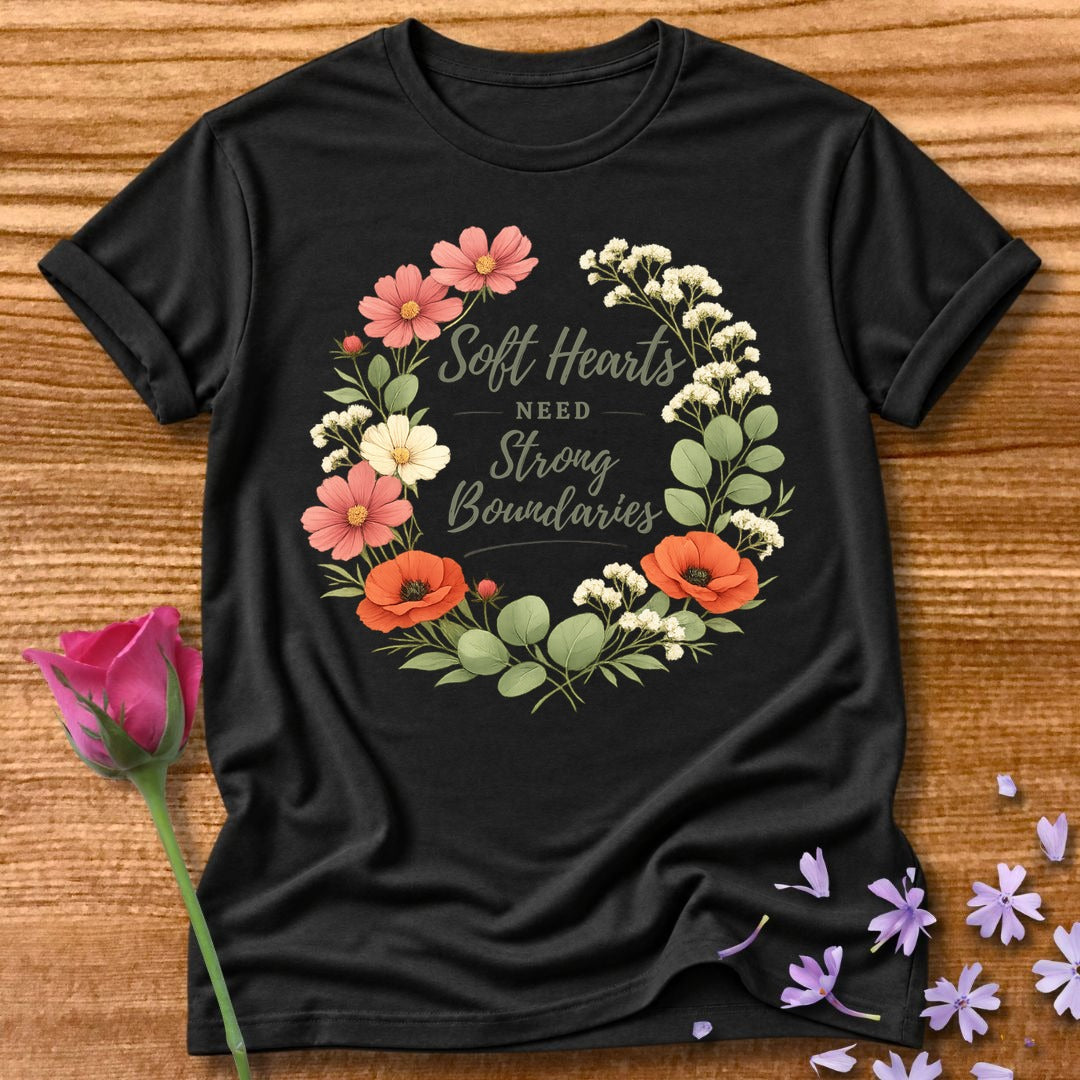 Soft Hearts Need Strong Boundaries — Floral Wreath in Black