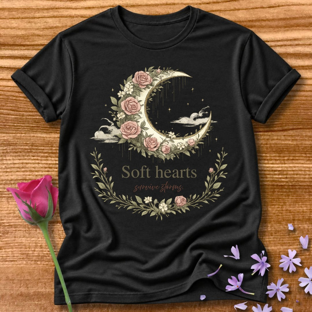 Soft Hearts Survive Storms — Floral Moon Graphic Tee in Black