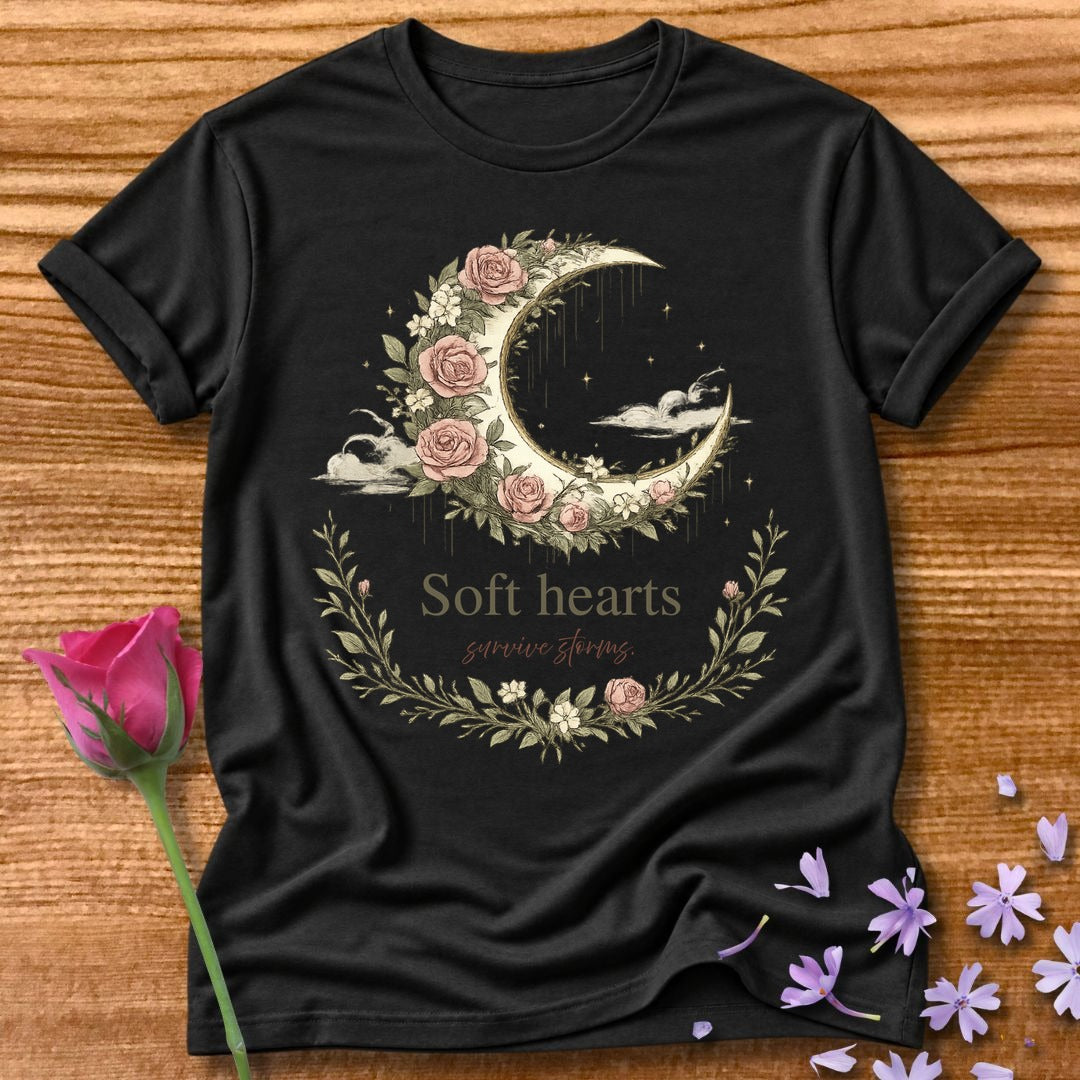 Soft Hearts Survive Storms — Floral Moon Graphic Tee in Black
