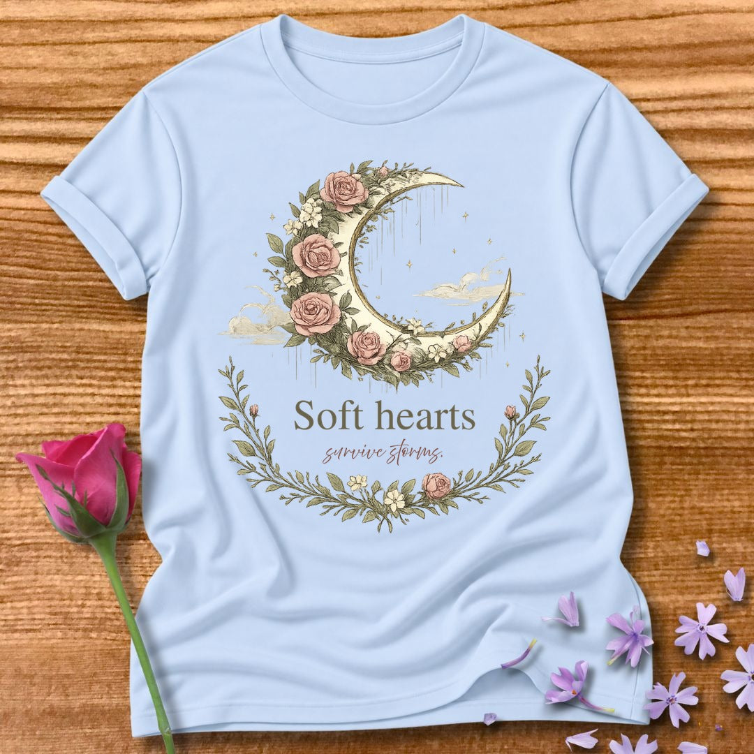 Soft Hearts Survive Storms — Floral Moon Graphic Tee in Light Blue