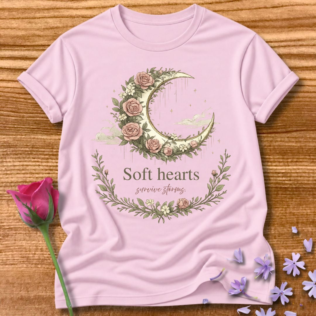 Soft Hearts Survive Storms — Floral Moon Graphic Tee in Light Pink