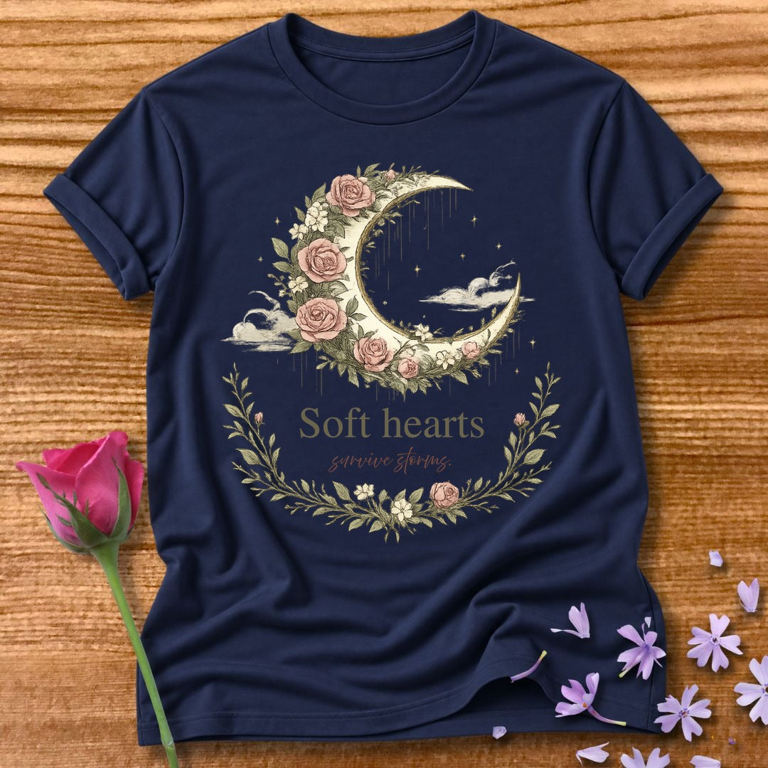 Soft Hearts Survive Storms — Floral Moon Graphic Tee in Navy