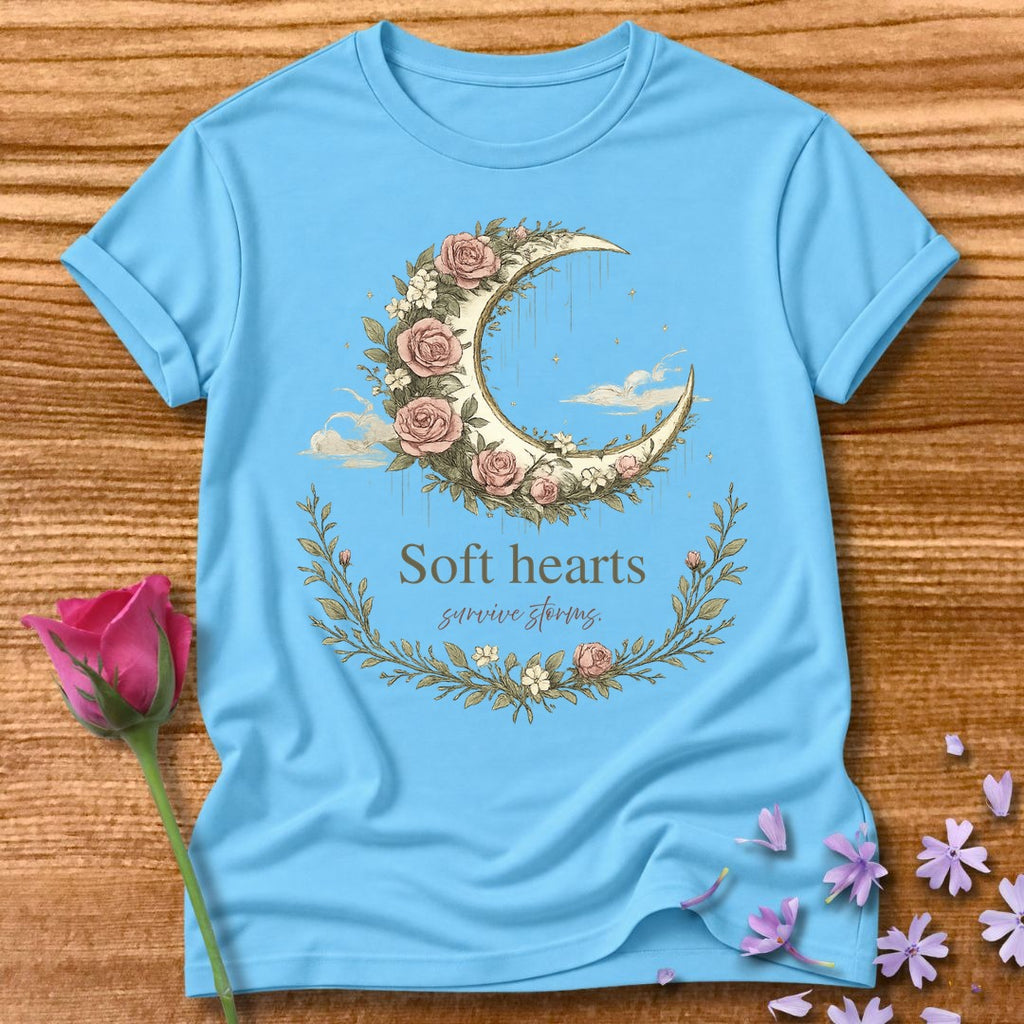 Soft Hearts Survive Storms — Floral Moon Graphic Tee in Sky