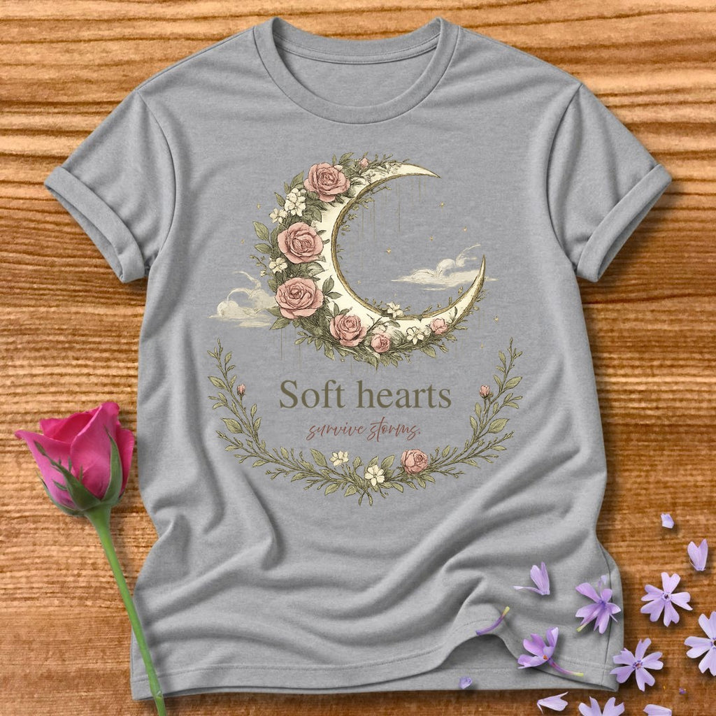 Soft Hearts Survive Storms — Floral Moon Graphic Tee in Sport Grey