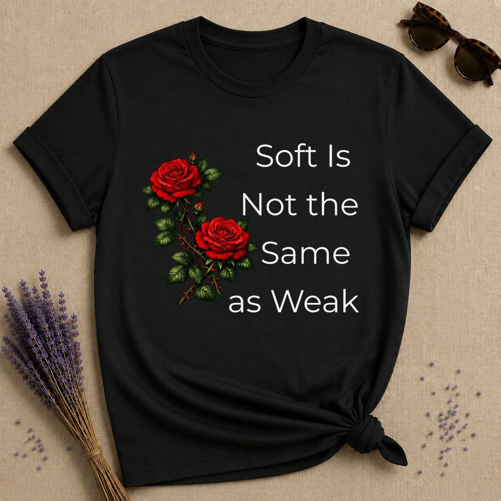 Soft Is Not the Same as Weak — Climbing Rose Botanical T-Shirt for Women in Black