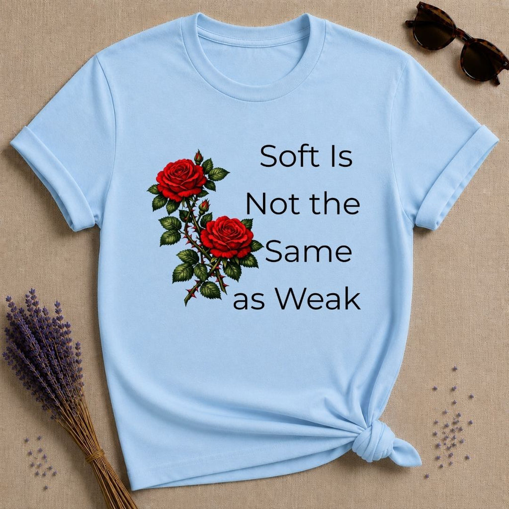 Soft Is Not the Same as Weak — Climbing Rose Botanical T-Shirt for Women in Light Blue