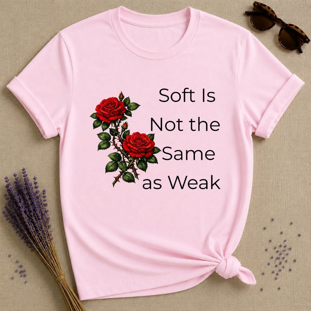 Soft Is Not the Same as Weak — Climbing Rose Botanical T-Shirt for Women in Light Pink