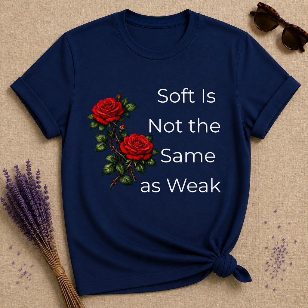 Soft Is Not the Same as Weak — Climbing Rose Botanical T-Shirt for Women in Navy