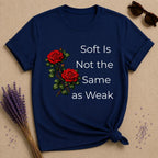 Soft Is Not the Same as Weak — Climbing Rose Botanical T-Shirt for Women in Navy