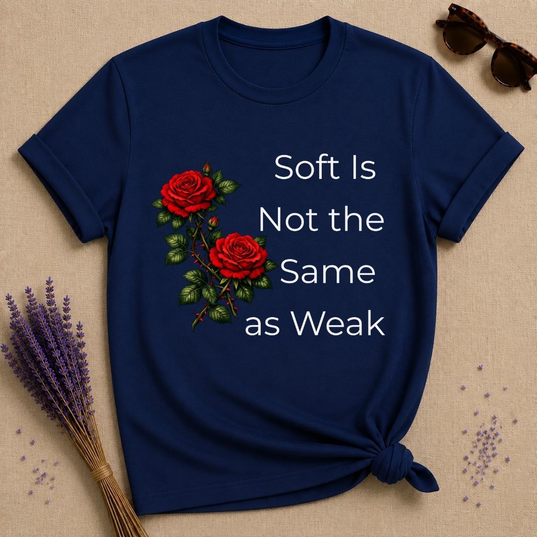 Soft Is Not the Same as Weak — Climbing Rose Botanical T-Shirt for Women in Navy