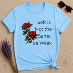 Soft Is Not the Same as Weak — Climbing Rose Botanical T-Shirt for Women in Sky
