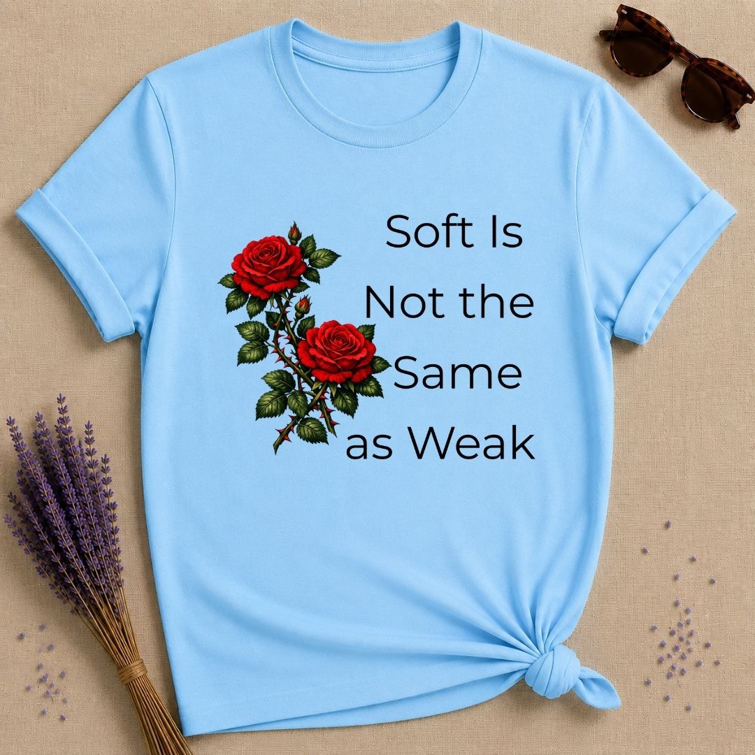 Soft Is Not the Same as Weak — Climbing Rose Botanical T-Shirt for Women in Sky
