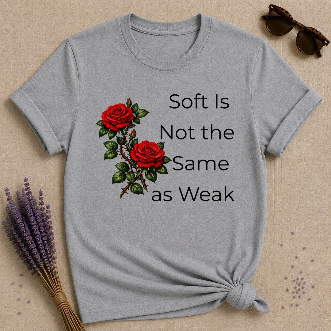Soft Is Not the Same as Weak — Climbing Rose Botanical T-Shirt for Women in Sport Grey
