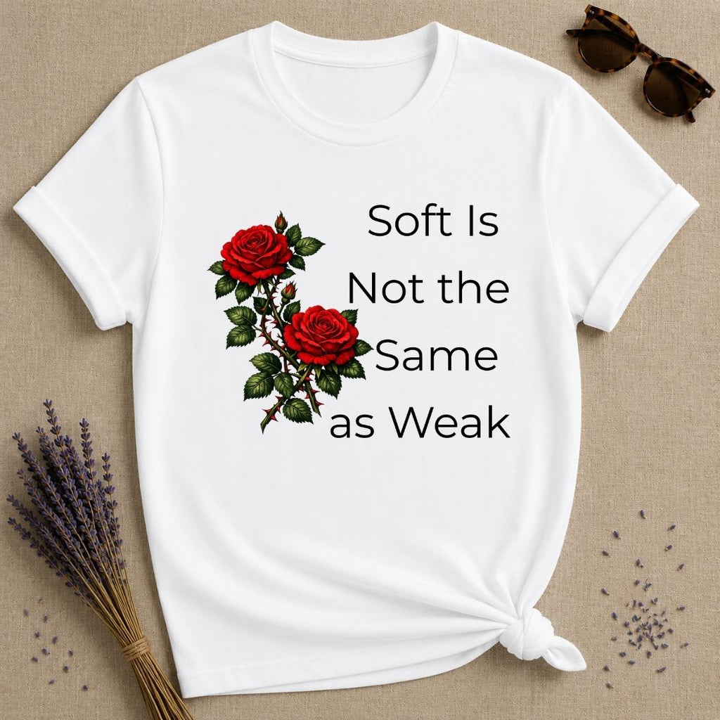 Soft Is Not the Same as Weak — Climbing Rose Botanical T-Shirt for Women in White
