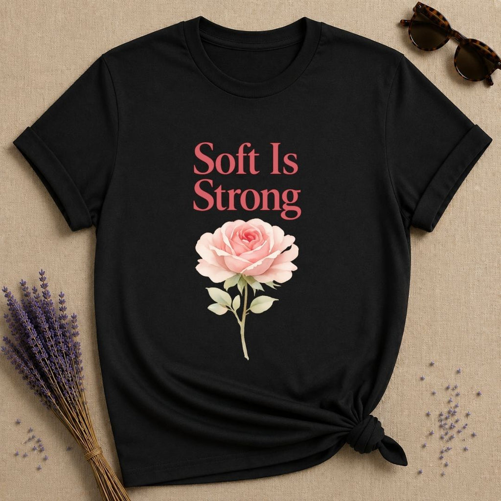 Soft Is Strong — Watercolor Rose Botanical T-Shirt for Women in Black