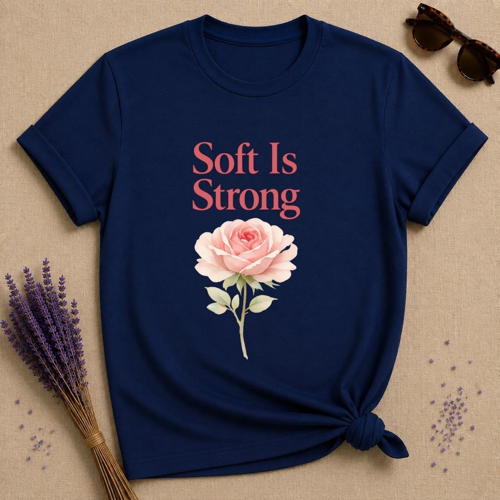 Soft Is Strong — Watercolor Rose Botanical T-Shirt for Women in Navy