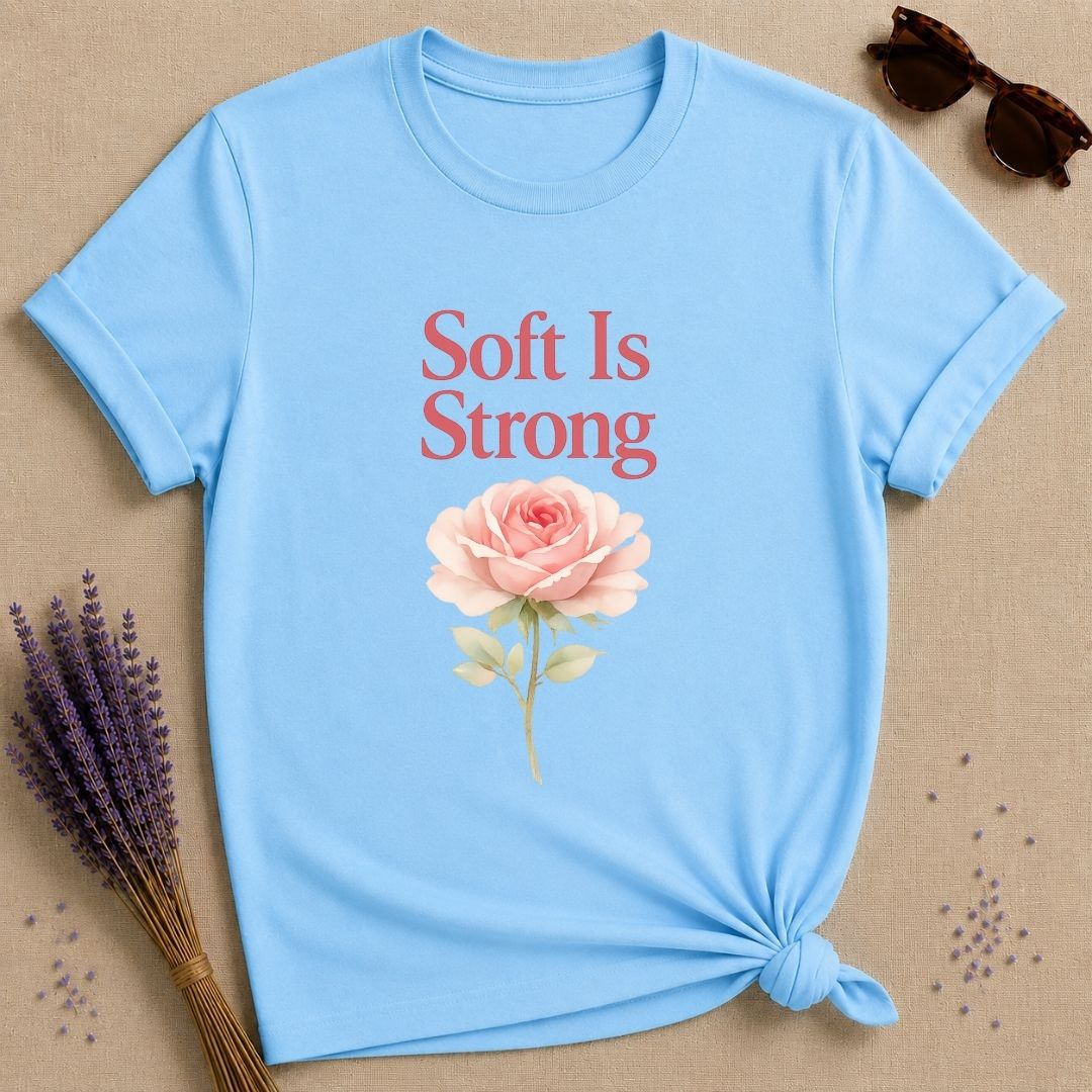 Soft Is Strong — Watercolor Rose Botanical T-Shirt for Women in Sky