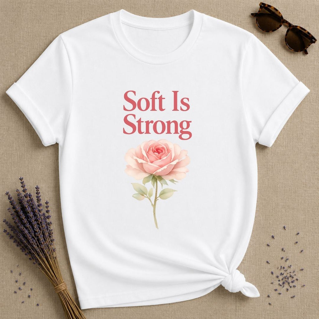 Soft Is Strong — Watercolor Rose Botanical T-Shirt for Women in White