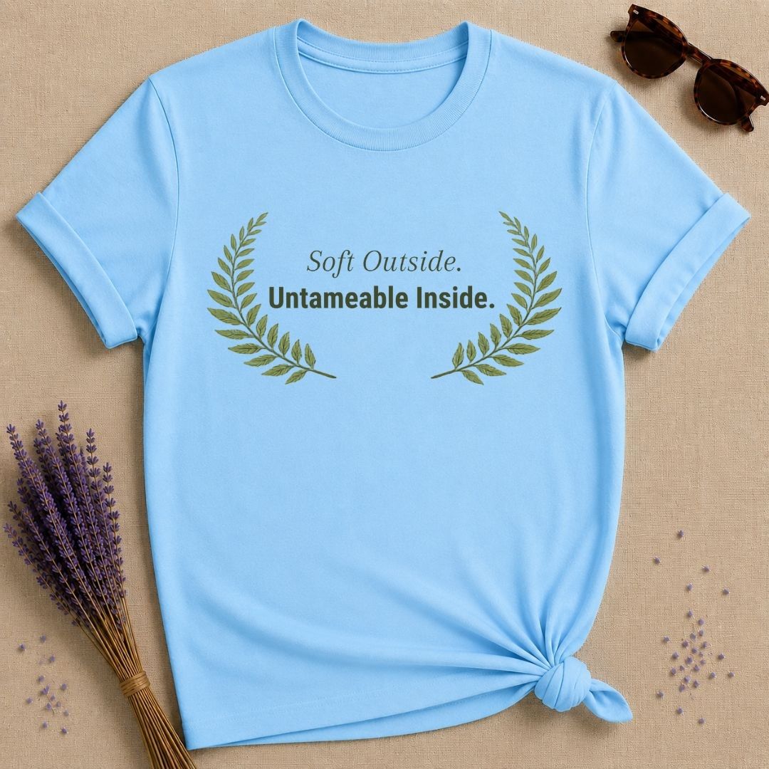 Soft Outside Untameable Inside — Botanical Laurel Empowerment T-Shirt for Women in Sky