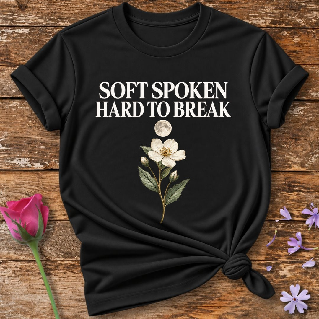 Soft Spoken Hard To Break — Black Celestial Floral T-Shirt for Women in Black
