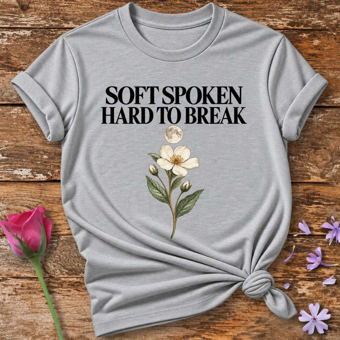 Soft Spoken Hard To Break — Black Celestial Floral T-Shirt for Women in Sport Grey