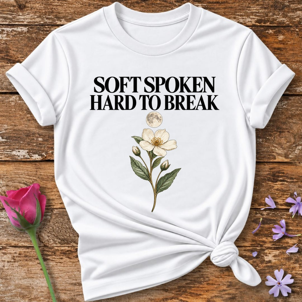 Soft Spoken Hard To Break — Black Celestial Floral T-Shirt for Women in White