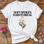 Soft Spoken Hard To Break — Black Celestial Floral T-Shirt for Women in White