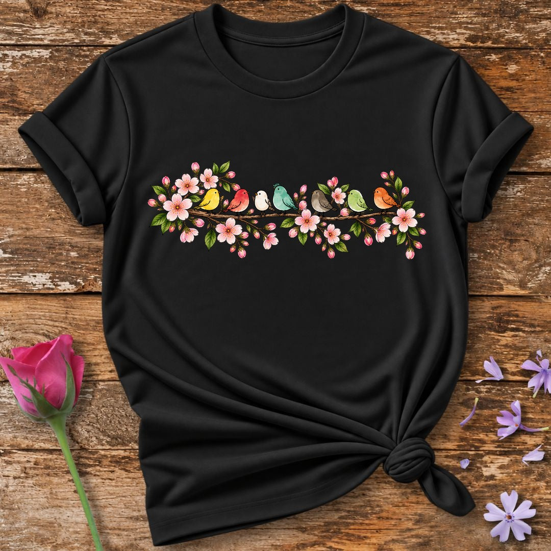 Songbirds on Cherry Blossom Branch — Watercolor Botanical T-Shirt for Women in Black
