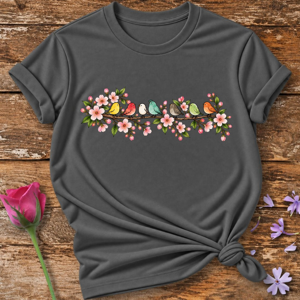 Songbirds on Cherry Blossom Branch — Watercolor Botanical T-Shirt for Women in Charcoal