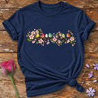 Songbirds on Cherry Blossom Branch — Watercolor Botanical T-Shirt for Women in Navy