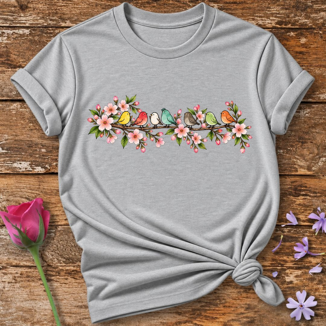 Songbirds on Cherry Blossom Branch — Watercolor Botanical T-Shirt for Women in Sport Grey