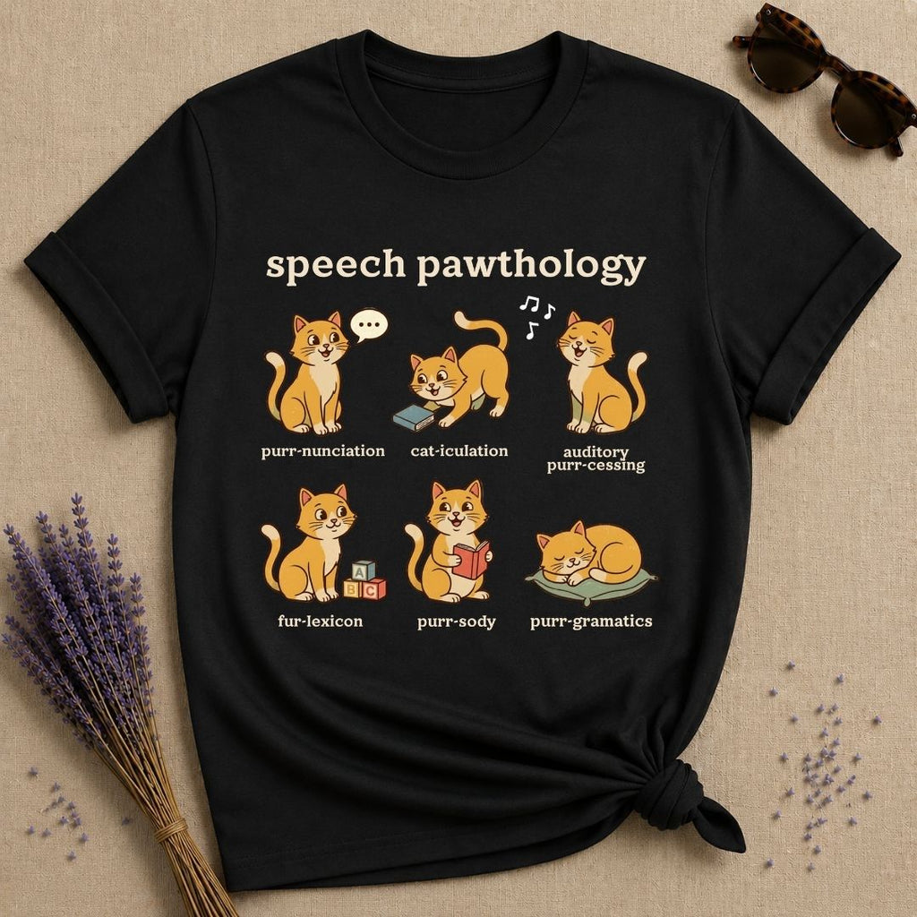 Speech Pawthology — Funny Cat Pun Graphic T-Shirt for Women in Black
