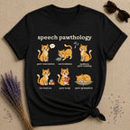 Speech Pawthology — Funny Cat Pun Graphic T-Shirt for Women in Black