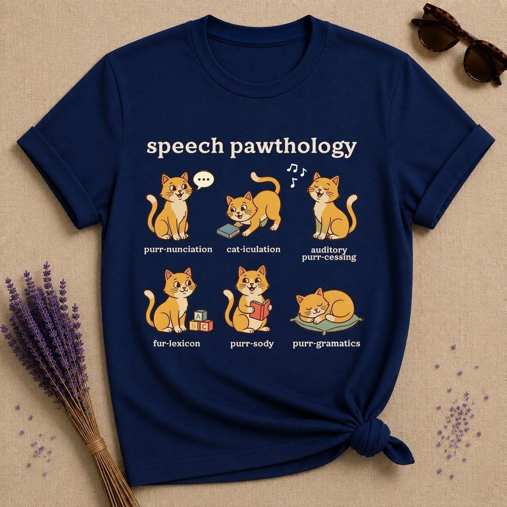 Speech Pawthology — Funny Cat Pun Graphic T-Shirt for Women in Navy