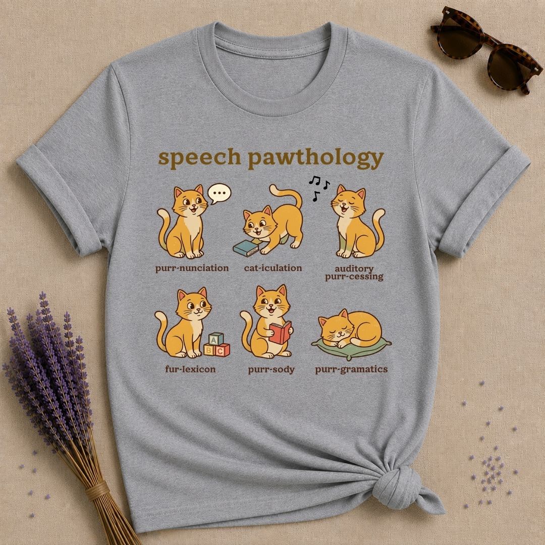 Speech Pawthology — Funny Cat Pun Graphic T-Shirt for Women in Sport Grey