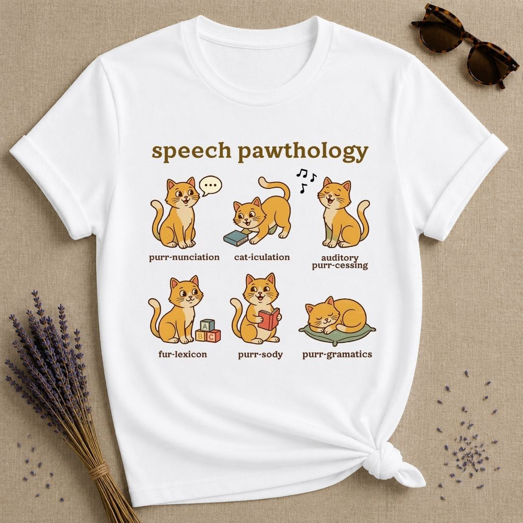 Speech Pawthology — Funny Cat Pun Graphic T-Shirt for Women in White