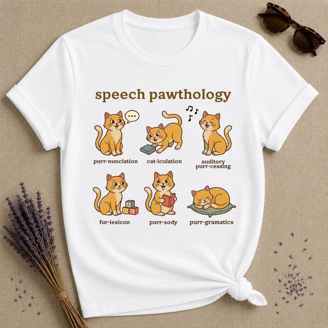 Speech Pawthology — Funny Cat Pun Graphic T-Shirt for Women in White