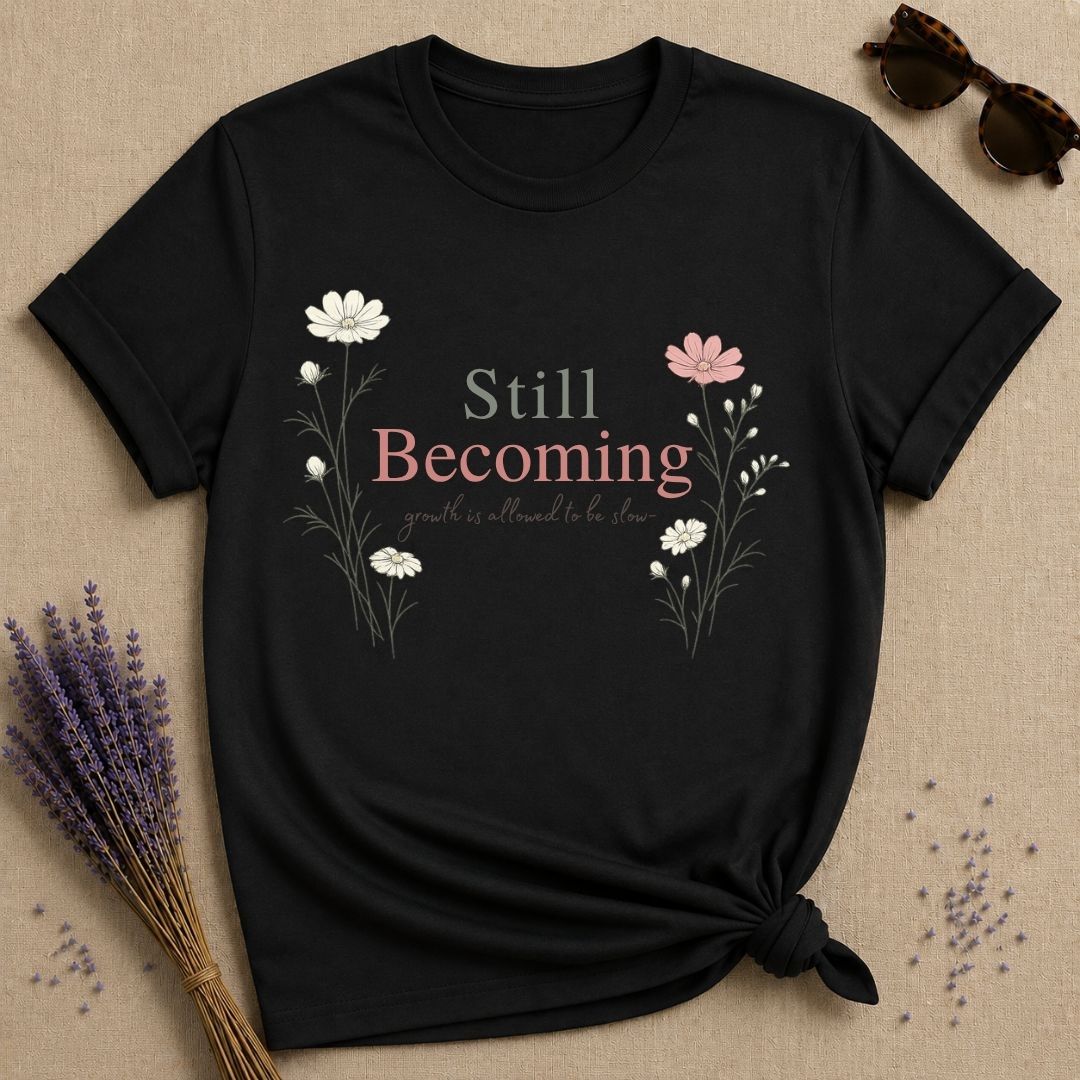 Still Becoming — Growth Is Allowed to Be Slow — Botanical T-Shirt for Women