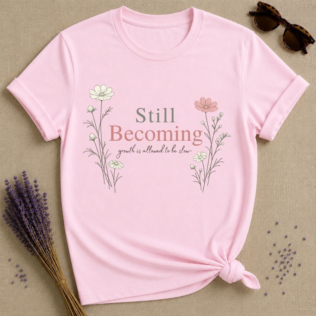 Still Becoming — Growth Is Allowed to Be Slow — Botanical T-Shirt for Women