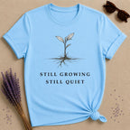 Still Growing Still Quiet — Botanical Seedling Minimalist T-Shirt for Women — Sky
