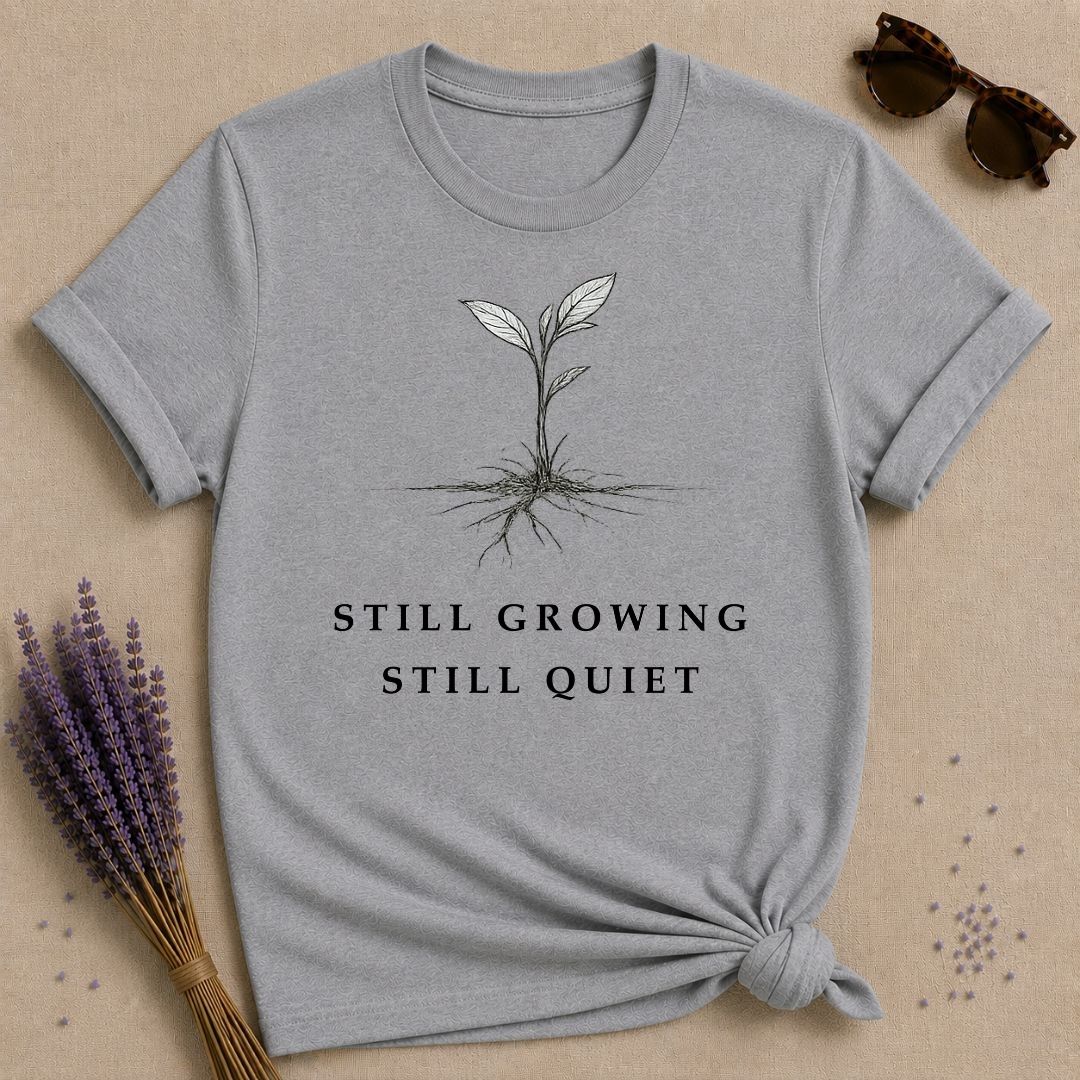 Still Growing Still Quiet — Botanical Seedling Minimalist T-Shirt for Women — Sport Grey