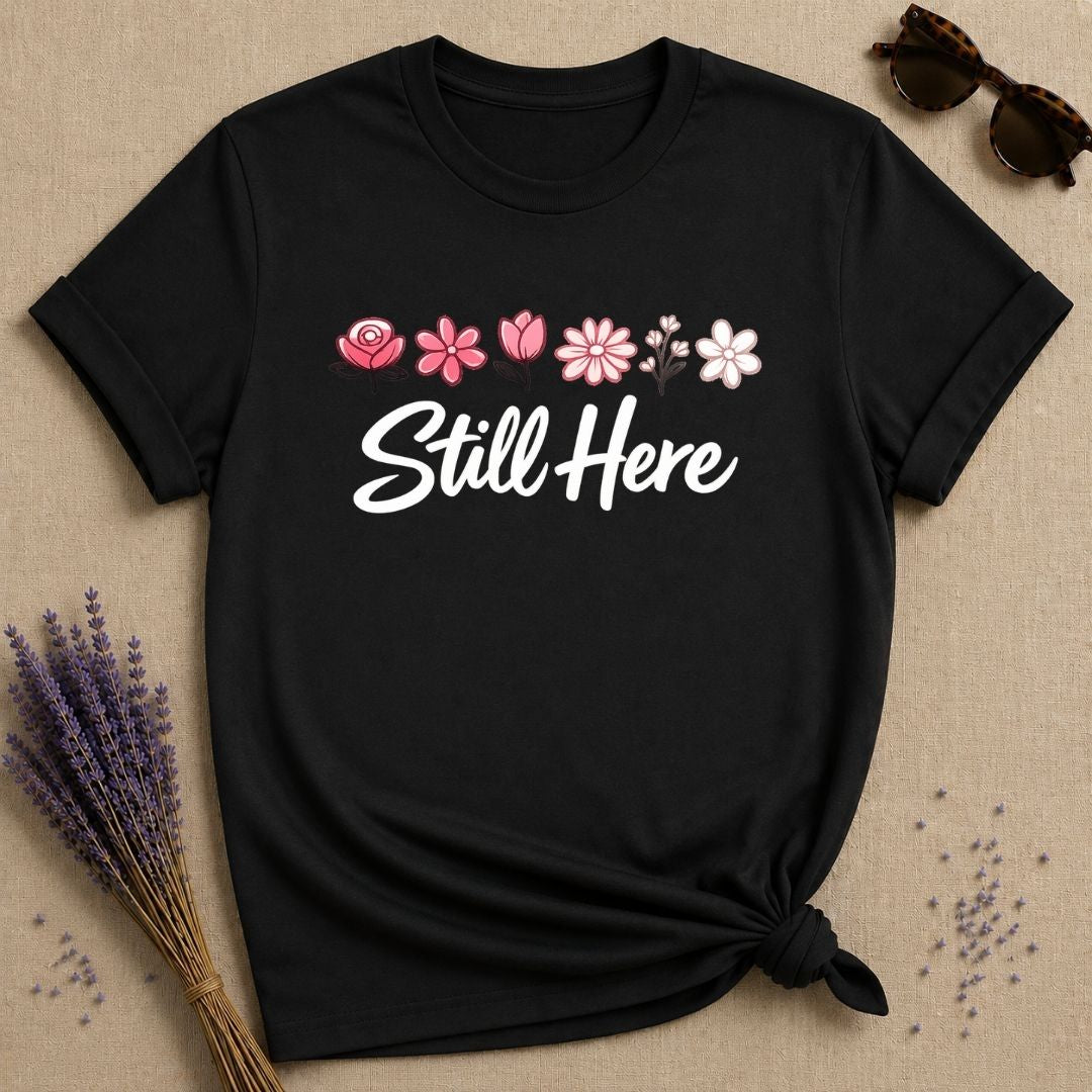Still Here — Watercolor Wildflower Row T-Shirt for Women in Black