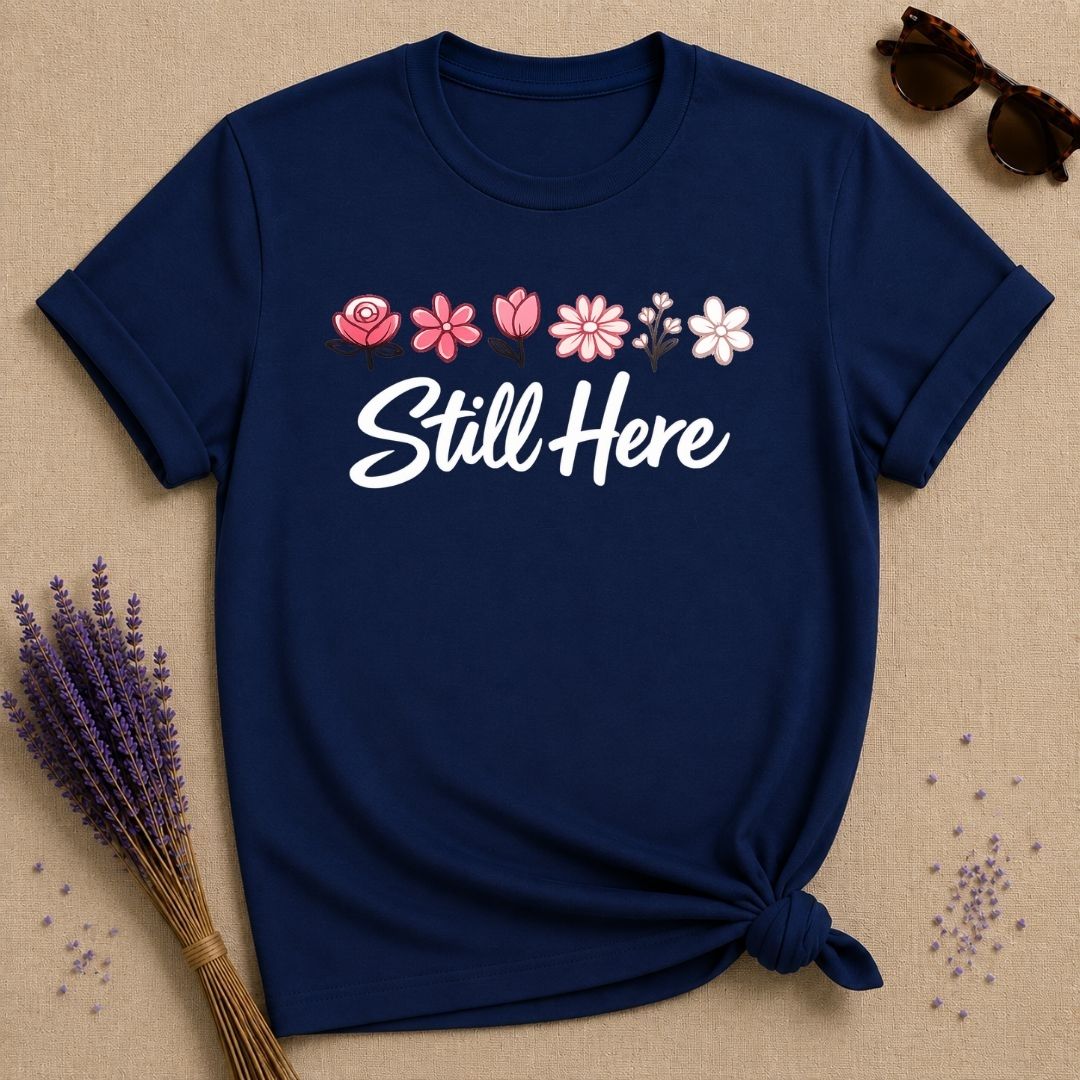 Still Here — Watercolor Wildflower Row T-Shirt for Women in Navy