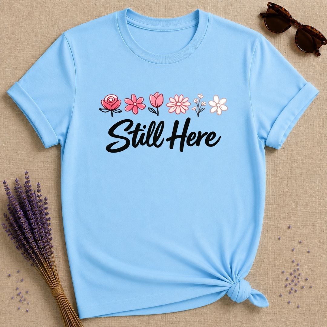 Still Here — Watercolor Wildflower Row T-Shirt for Women in Sky