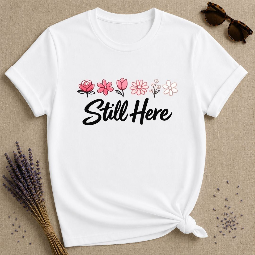 Still Here — Watercolor Wildflower Row T-Shirt for Women in White