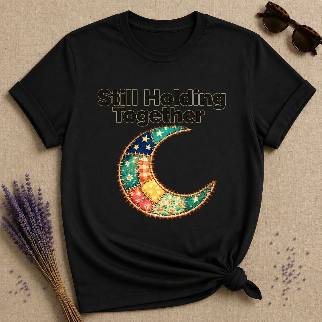 Still Holding Together — Patchwork Moon Botanical T-Shirt for Women in Black