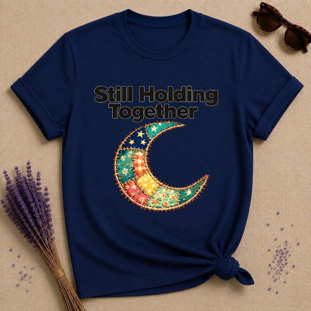 Still Holding Together — Patchwork Moon Botanical T-Shirt for Women in Navy