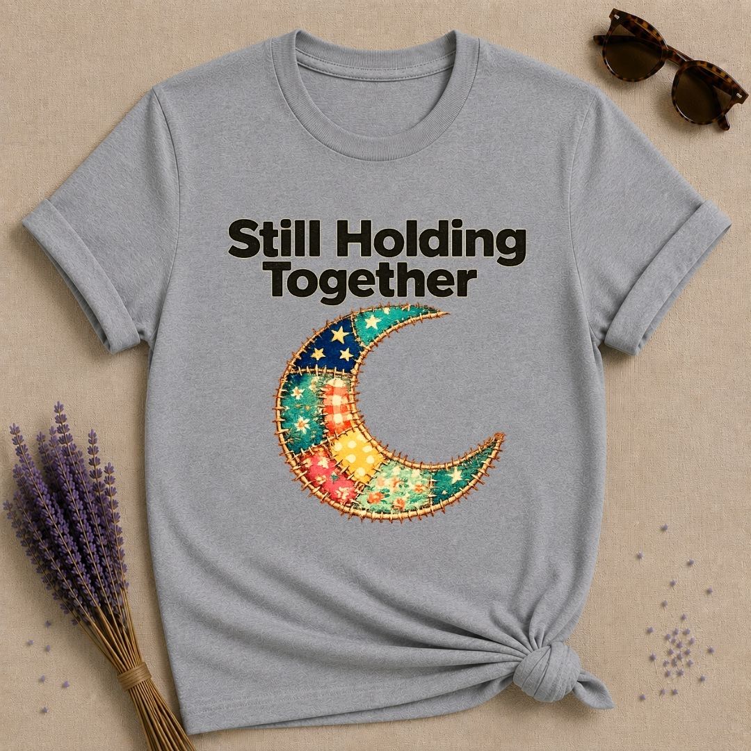 Still Holding Together — Patchwork Moon Botanical T-Shirt for Women in Sport Grey