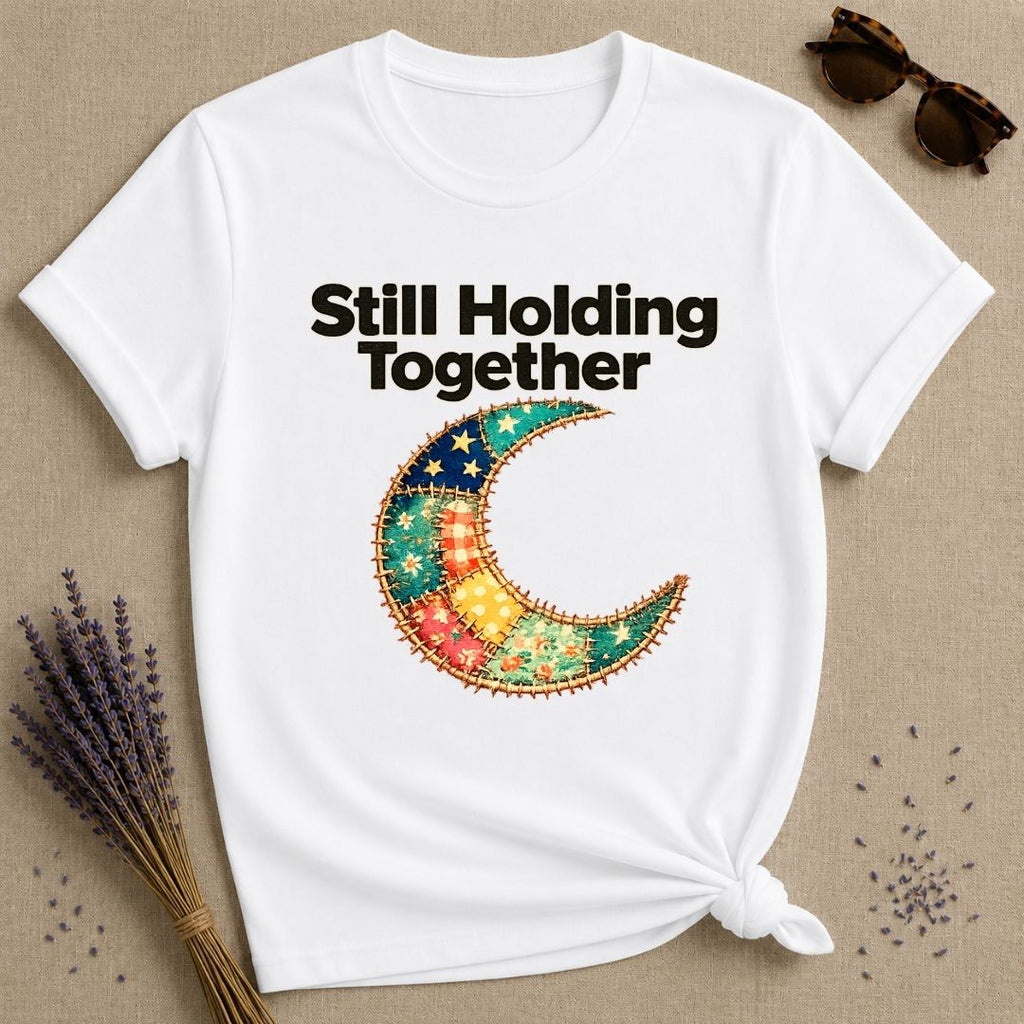 Still Holding Together — Patchwork Moon Botanical T-Shirt for Women in White