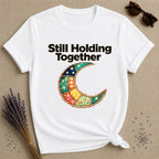 Still Holding Together — Patchwork Moon Botanical T-Shirt for Women in White
